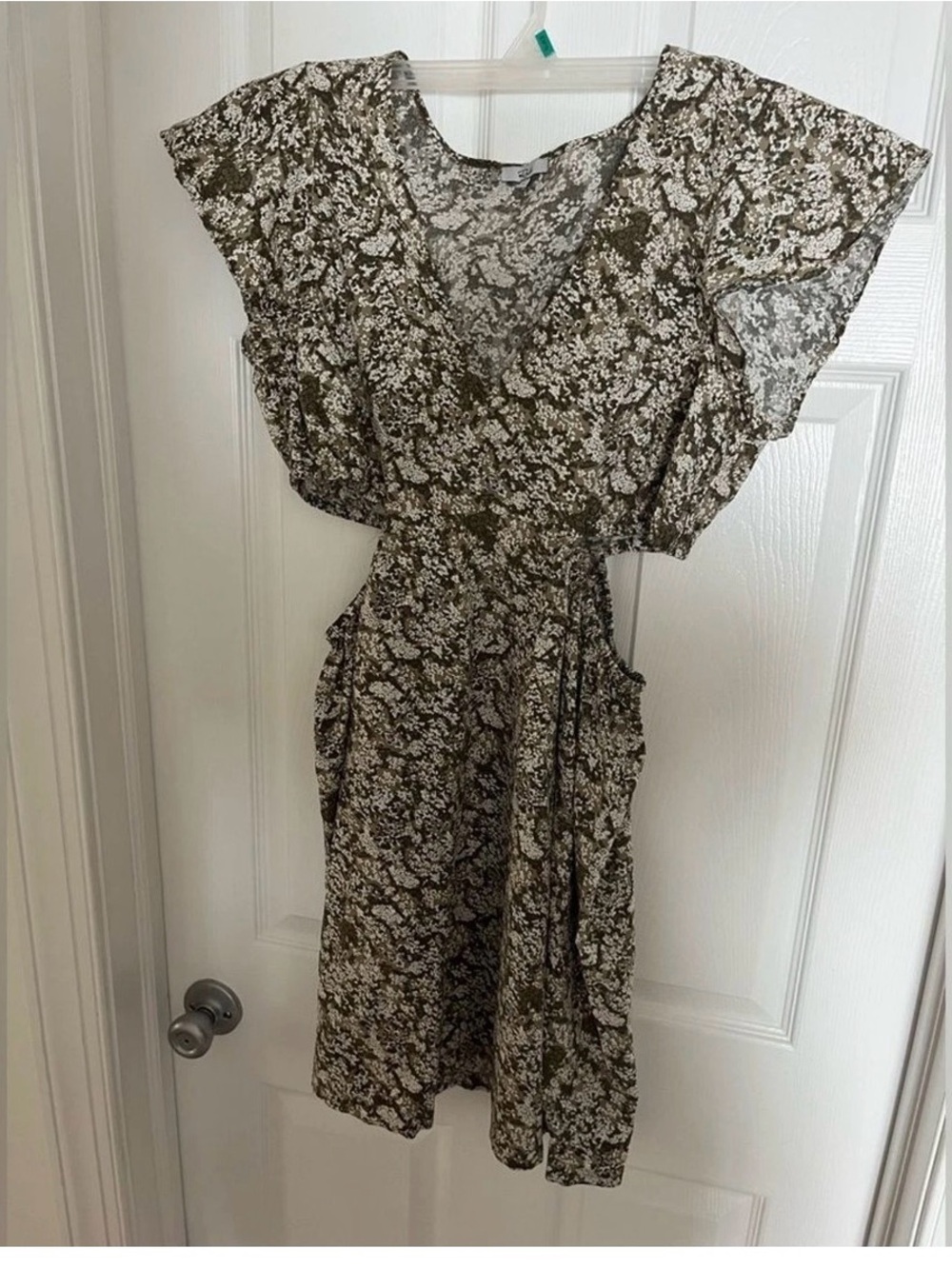 Rails V Neck Floral Cut Out Dress in Olive Green and Cream